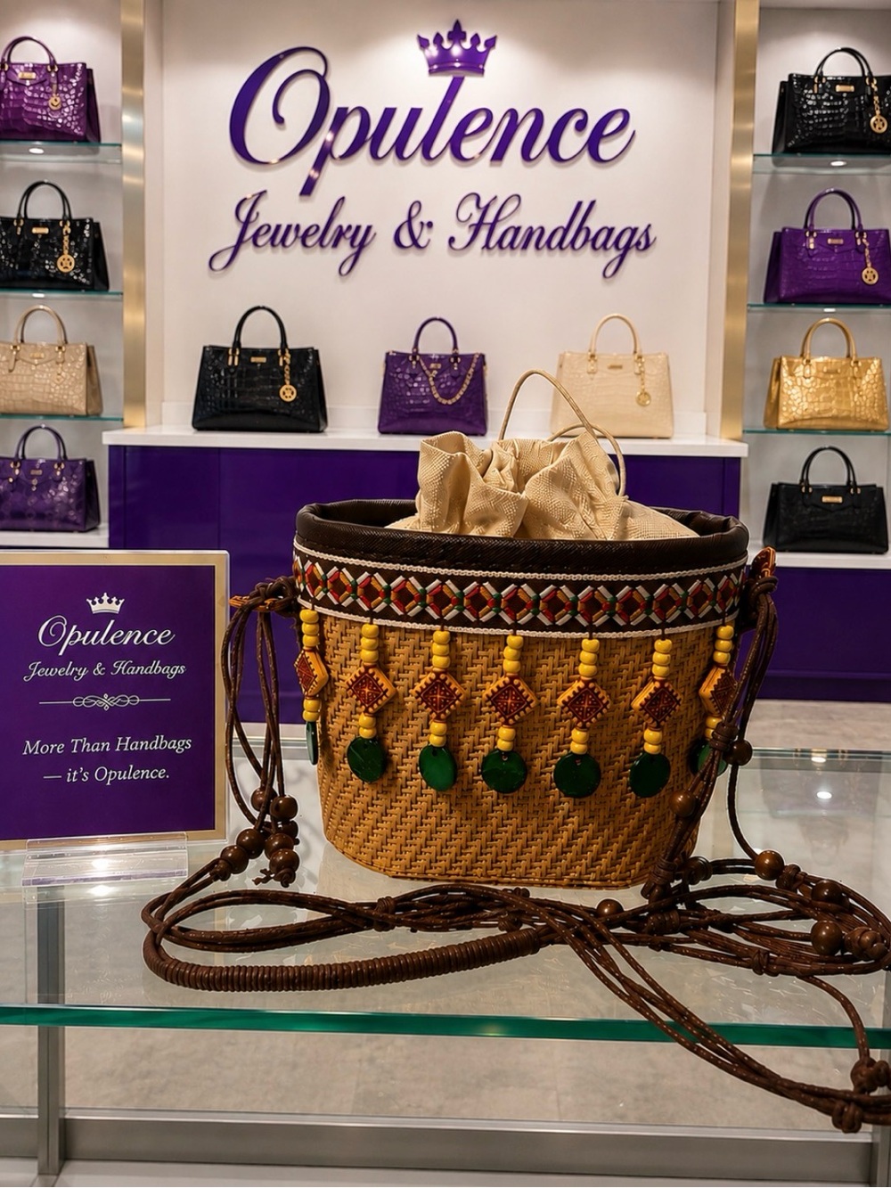 Tan Woven Crossbody Bag with Green Bead Accents